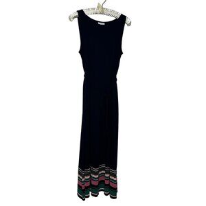 J. Jill Sleeveless‎ Knit Maxi Dress Size S Navy Blue Multicolor Stripe Tie Belt